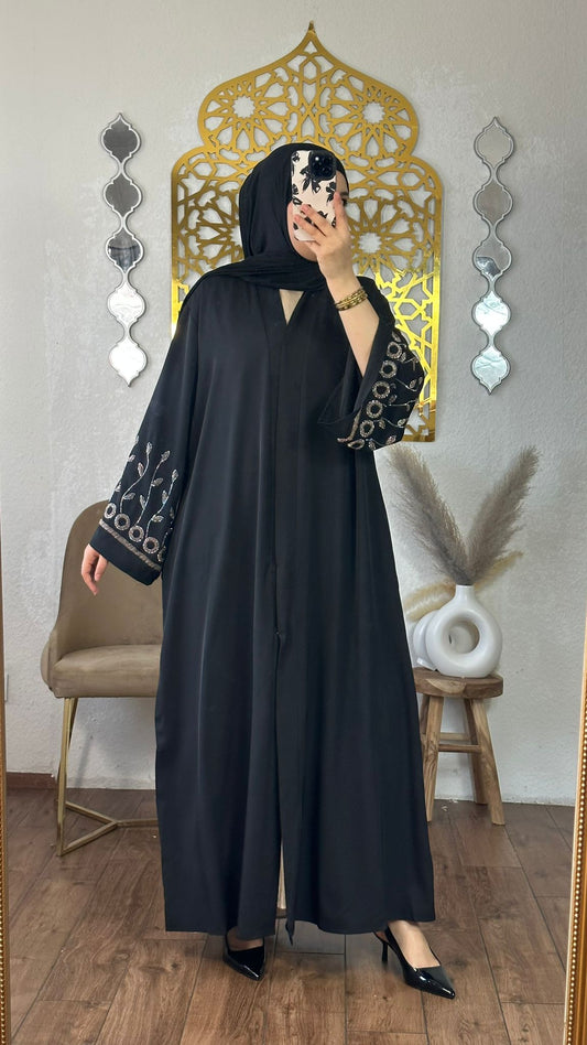 Elegante Abaya  mit  bestickten ärmeln- schwarz