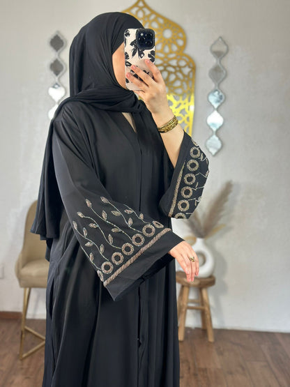 Elegante Abaya  mit  bestickten ärmeln- schwarz