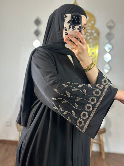 Elegante Abaya  mit  bestickten ärmeln- schwarz