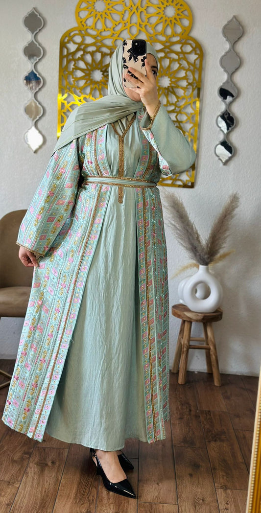 Elegante Mintgrune Abaya mit floraler stickerei