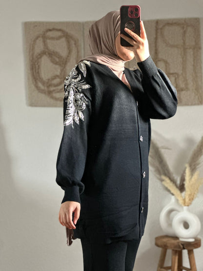 Elegantes besticktes Zweiteiler-Set für Damen in schwarz